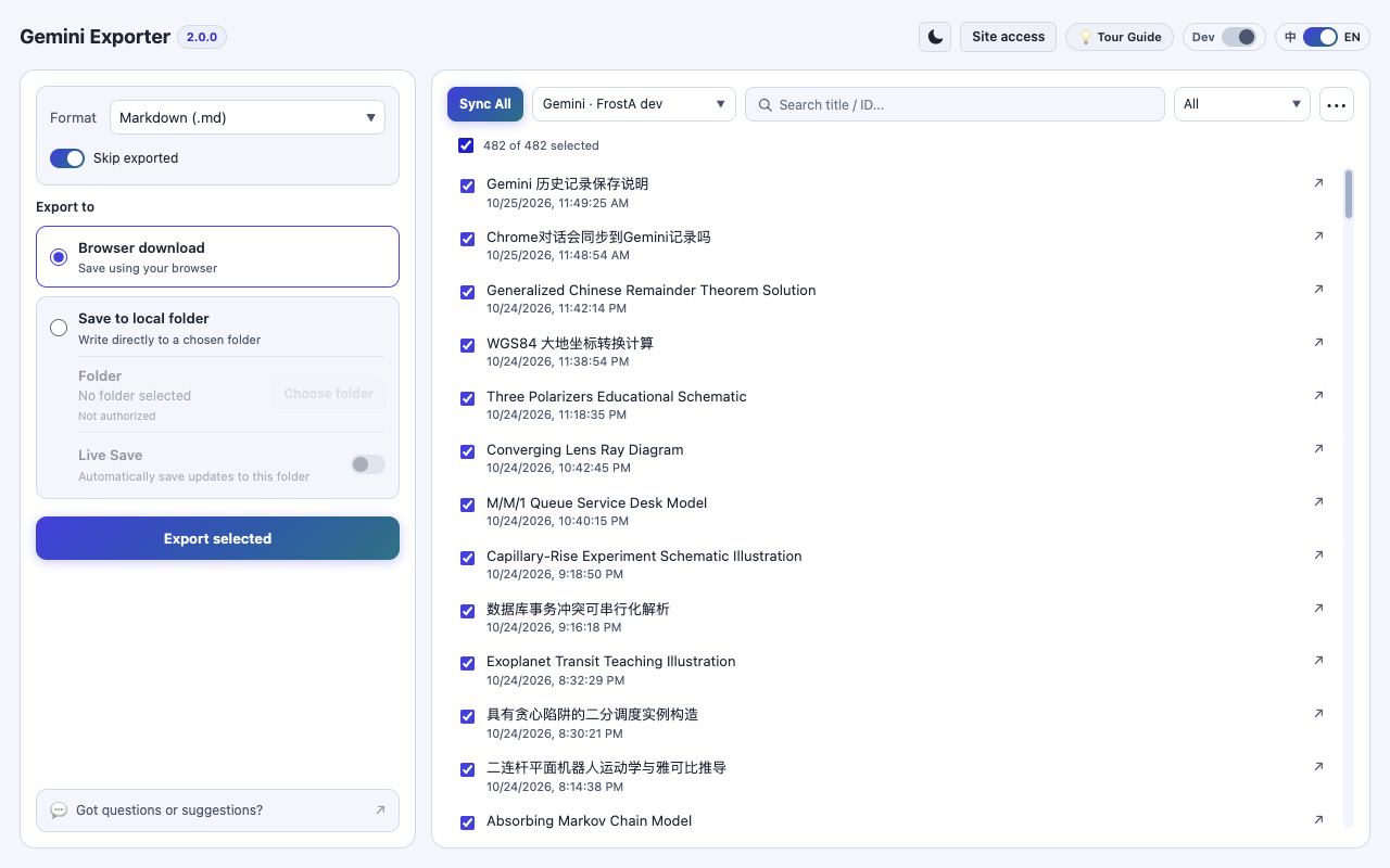 Actual Gemini Exporter workbench showing the Sync All button, a list of selected Gemini conversations, and export controls
